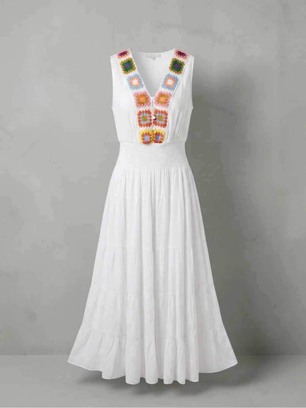 J Gee White Boho Tiered Maxi Dress with Colorful Granny Square Crochet Trim - Picture 1 of 10